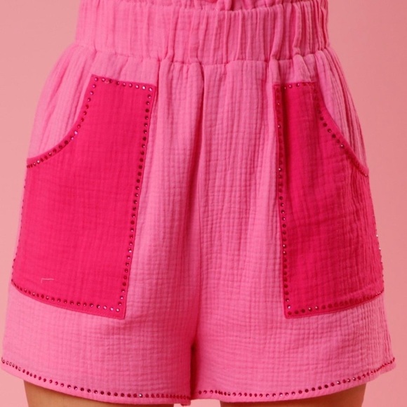 Peach Love California Pants - NWT PEACH LOVE RAINA RHINESTONE PINK GAUZE SHORTS WITH “PAPERBAG” ELASTIC WAIST